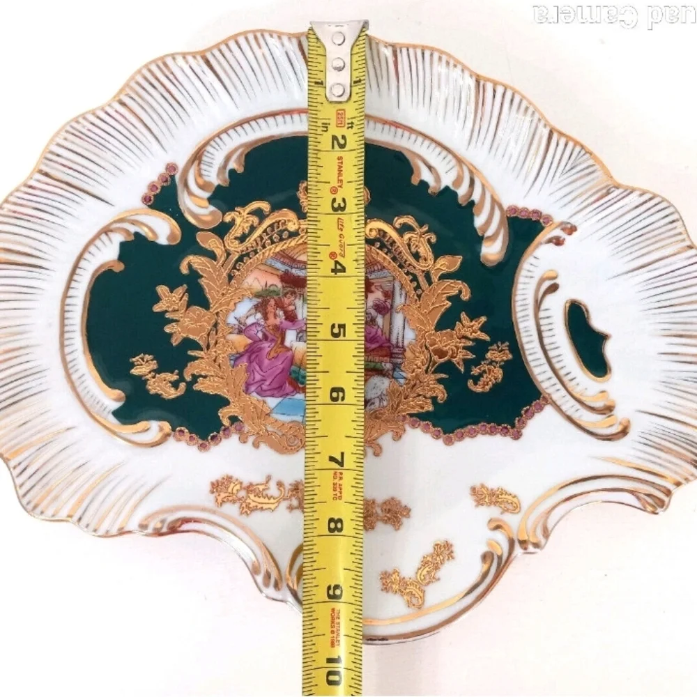 Ornate Gold Gilt Porcelain Handled Plate Green Victorian Romantic Scene